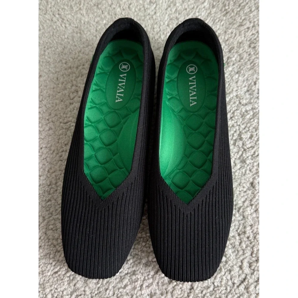 VIVAIA Women's Margot Square-Toe Flats Black Green Washable Knit Size 35 Preppy